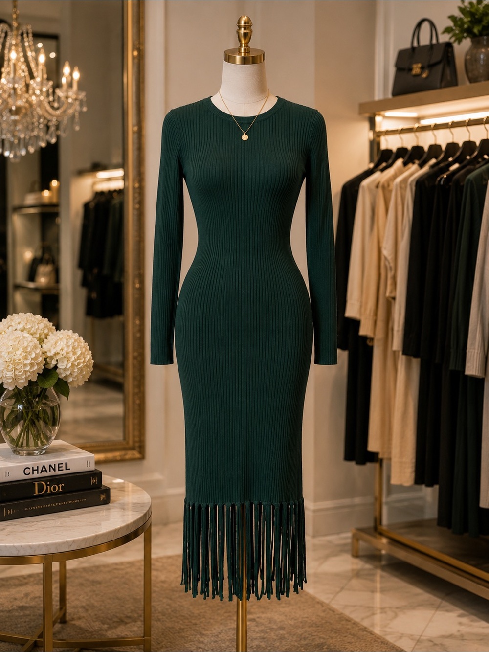 Nanette Lepore Hunter Green Ribbed Fringe Midi Sweater Dress NWT L - Picture 2 of 11